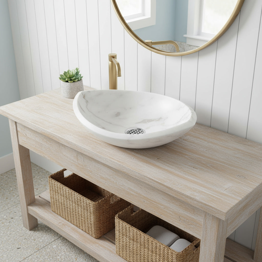 Carrara White Marble Lavabo – Doğal Carrara Beyaz Mermer Tezgâh Üstü Banyo Lavabosu (L 55 × W 45 × H 13 cm)