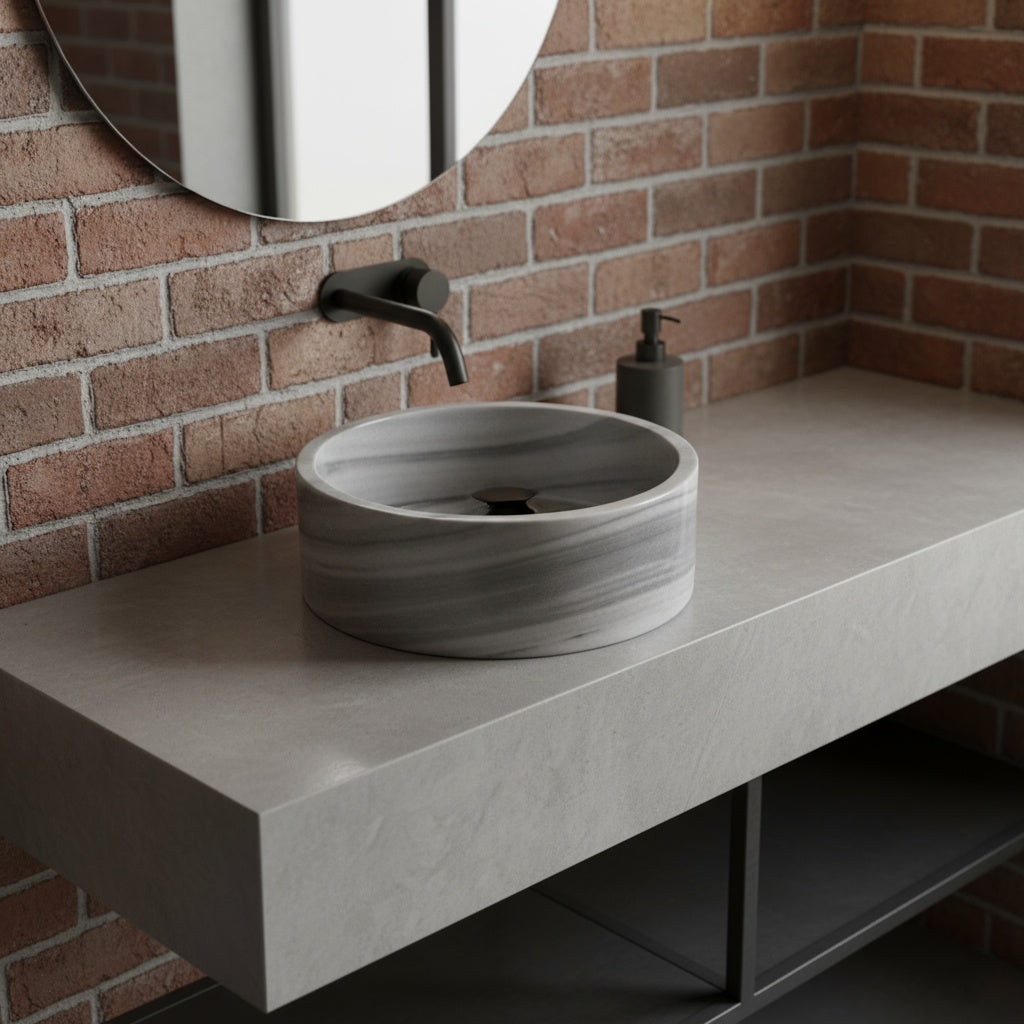 Grey Marmara Mermeri Yuvarlak Lavabo – El İşçiliği Doğal Taş Banyo Lavabosu (42×42×15 cm)
