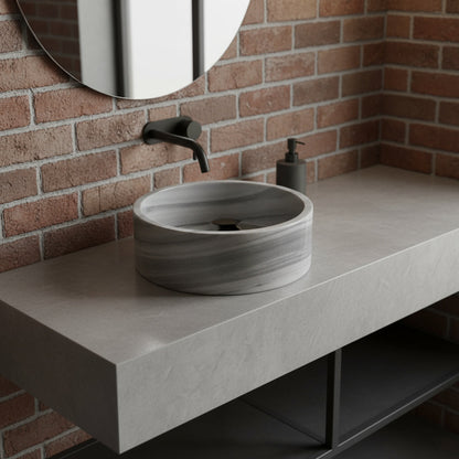 Grey Marmara Mermeri Yuvarlak Lavabo – El İşçiliği Doğal Taş Banyo Lavabosu (42×42×15 cm)