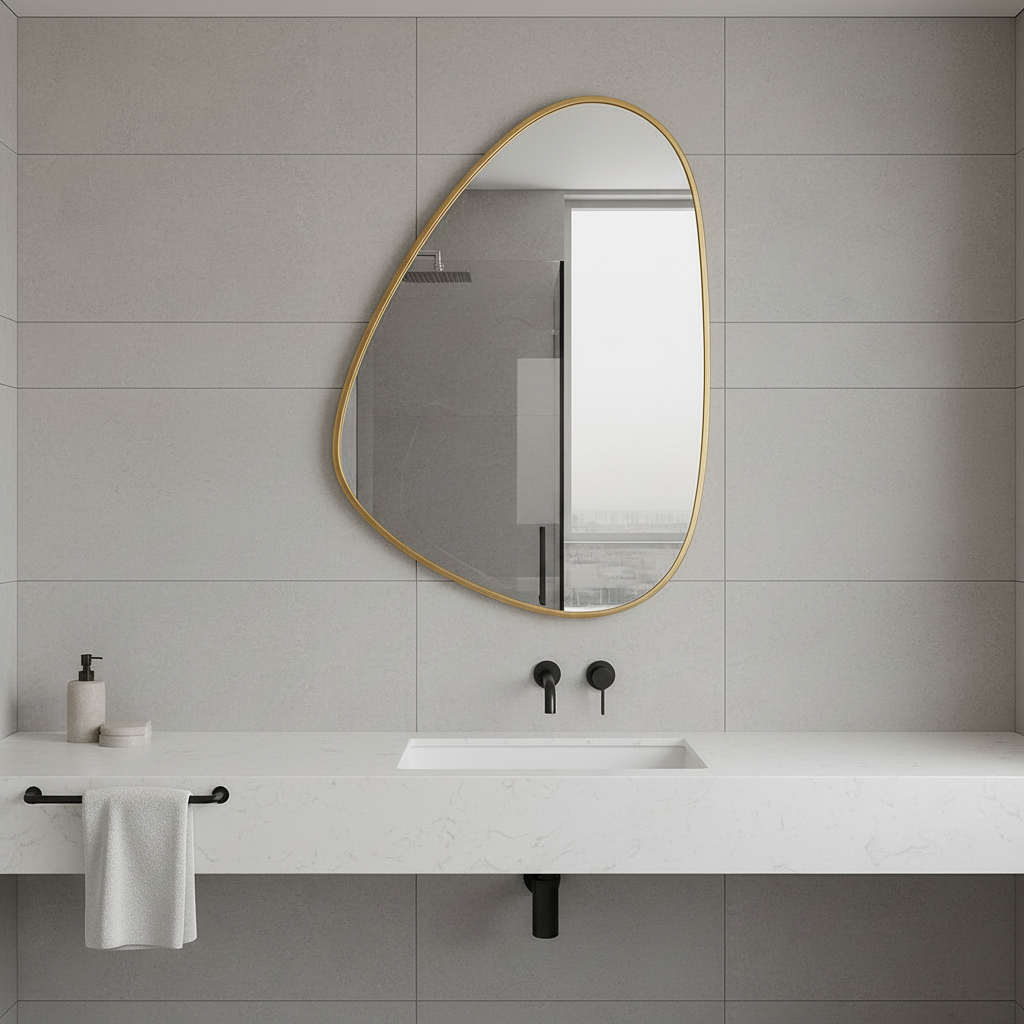 Modern Organik Şekilli Çerçeveli Düzensiz Banyo Aynası – Dekoratif Asimetrik Duvar Aynası