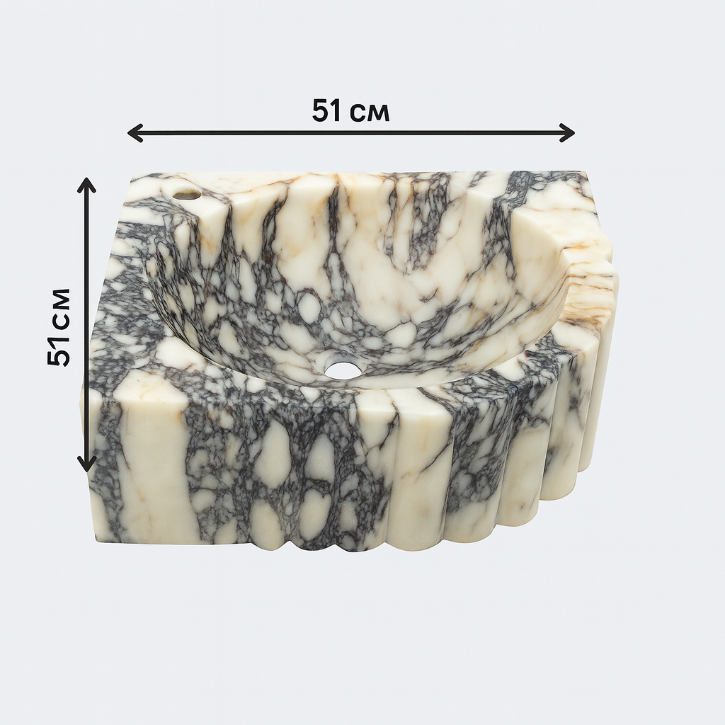 Calacatta Viola Mermer Duvar Tipi Köşe Lavabo – El Yapımı Lüks Banyo Lavabosu (51×51×18 cm)