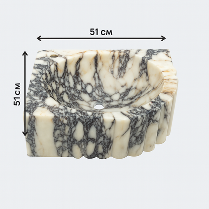 Calacatta Viola Mermer Duvar Tipi Köşe Lavabo – El Yapımı Lüks Banyo Lavabosu (51×51×18 cm)