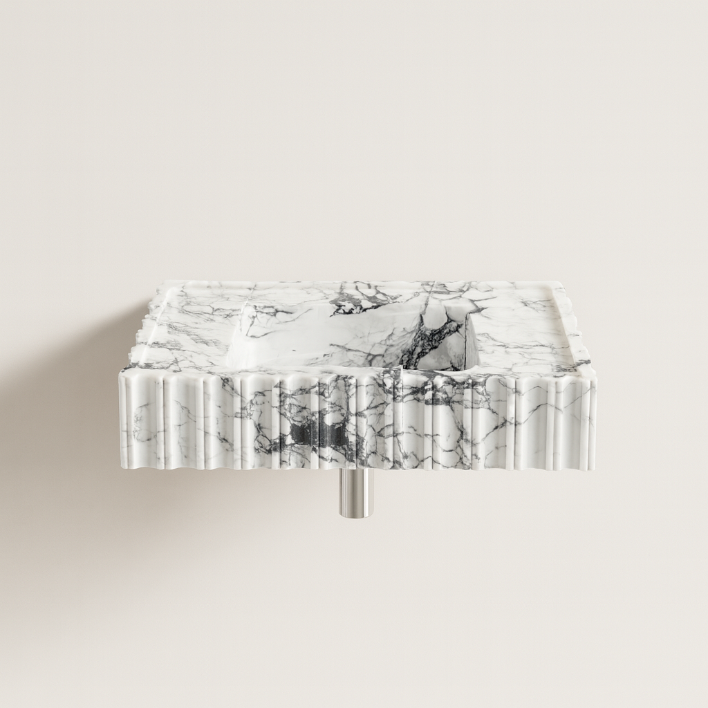 Calacatta Viola Mermer Duvara Monte Banyo Lavabosu – Flütlü Dikdörtgen Tasarım (L71 × W46 × H15 cm)