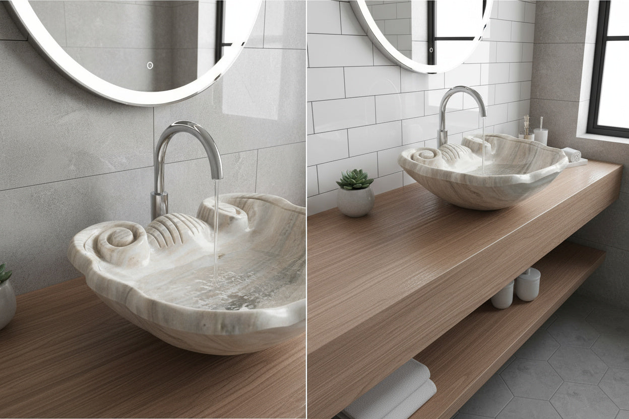 Lüks Doğal Taş Mermer Lavabo – Özel Tasarım Deniz Kabuğu Modeli