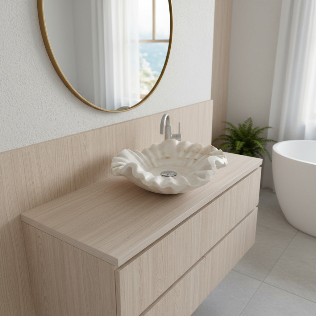 White Onyx Marble Lavabo – Doğal White Onyx Mermer Tezgâh Üstü Banyo Lavabosu (L 60 × W 40 × H 15 cm)