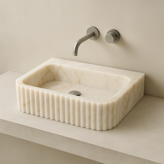 Calacatta Mermer Oyma Dikdörtgen Lavabo – Lüks Banyo Tezgâh Üstü Lavabo (51×41×14 cm)