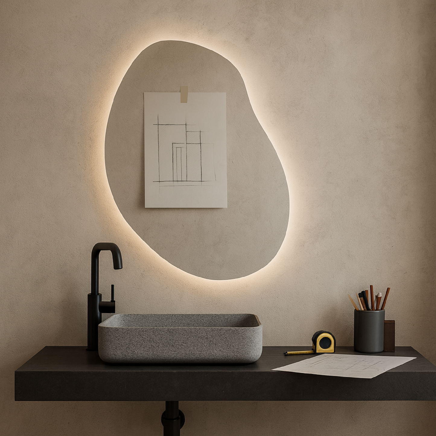 LED Işıklı Organik Banyo Aynası – Modern Asimetrik Tasarım, Arkadan Aydınlatmalı Dekoratif Ayna