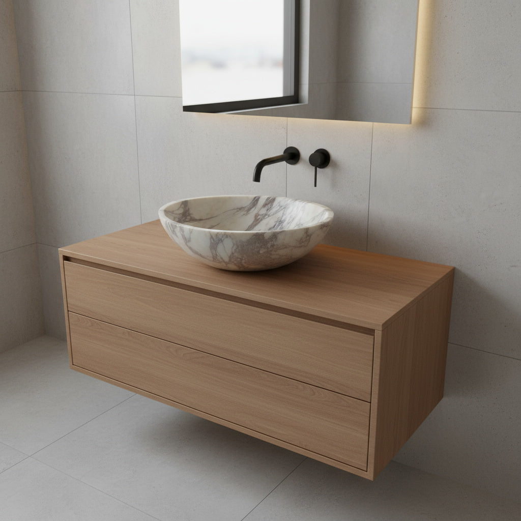 Calacatta Viola Mermer Lavabo – L36 × W46 × H13 cm | El Yapımı Doğal Mermer Banyo Lavabosu