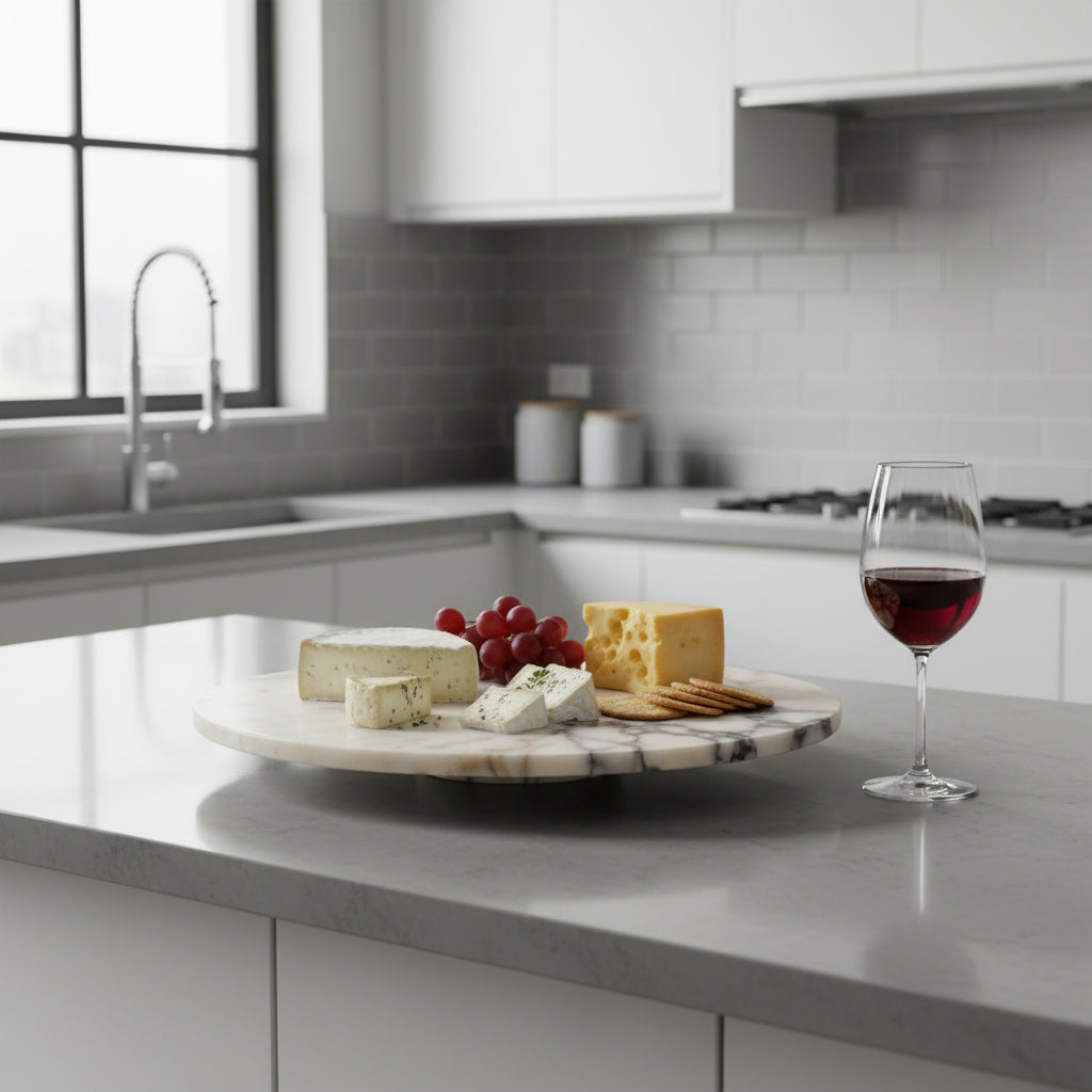 Lüks Mermer Pasta ve Ekmek Sunum Tepsisi – El Oyması Doğal Taş