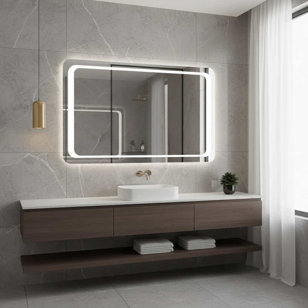 LED Işıklı Dikdörtgen Ayna – Köşe Yuvarlak Tasarım, Modern Banyo ve Makyaj Alanı İçin