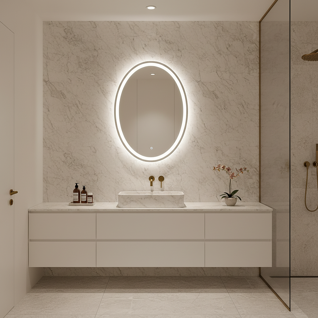 Modern Oval LED Aydınlatmalı Ayna – Minimalist Işıklı Duvar Aynası