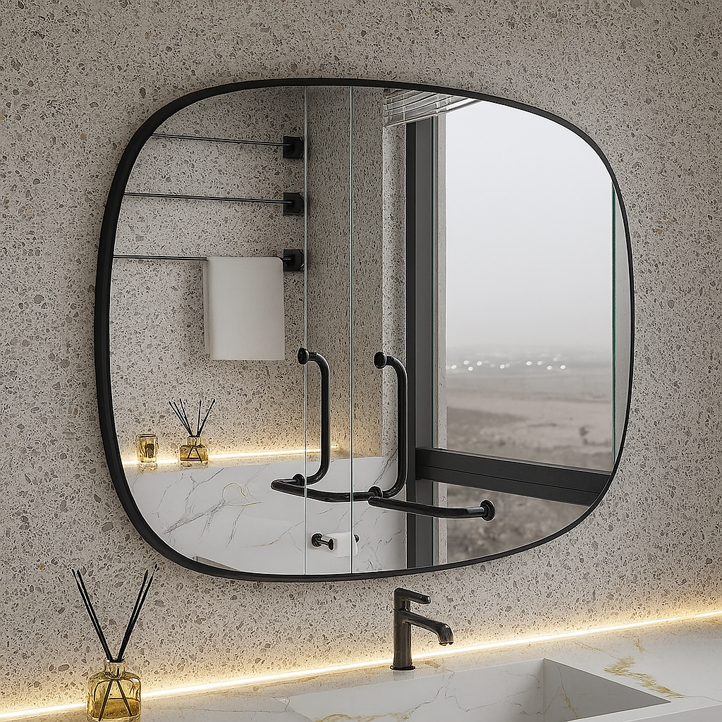 Modern Minimalist Kare Oval Duvar Aynası – Siyah Çerçeveli Banyo ve Salon Dekor Aynası