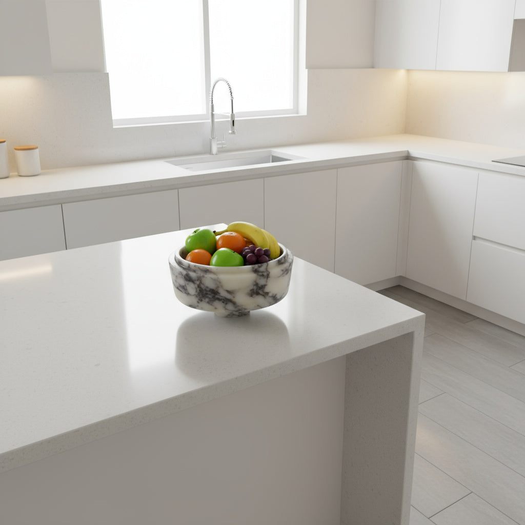 Premium Mermer Meyve Kasesi – Dekoratif Taş Sunum Standı