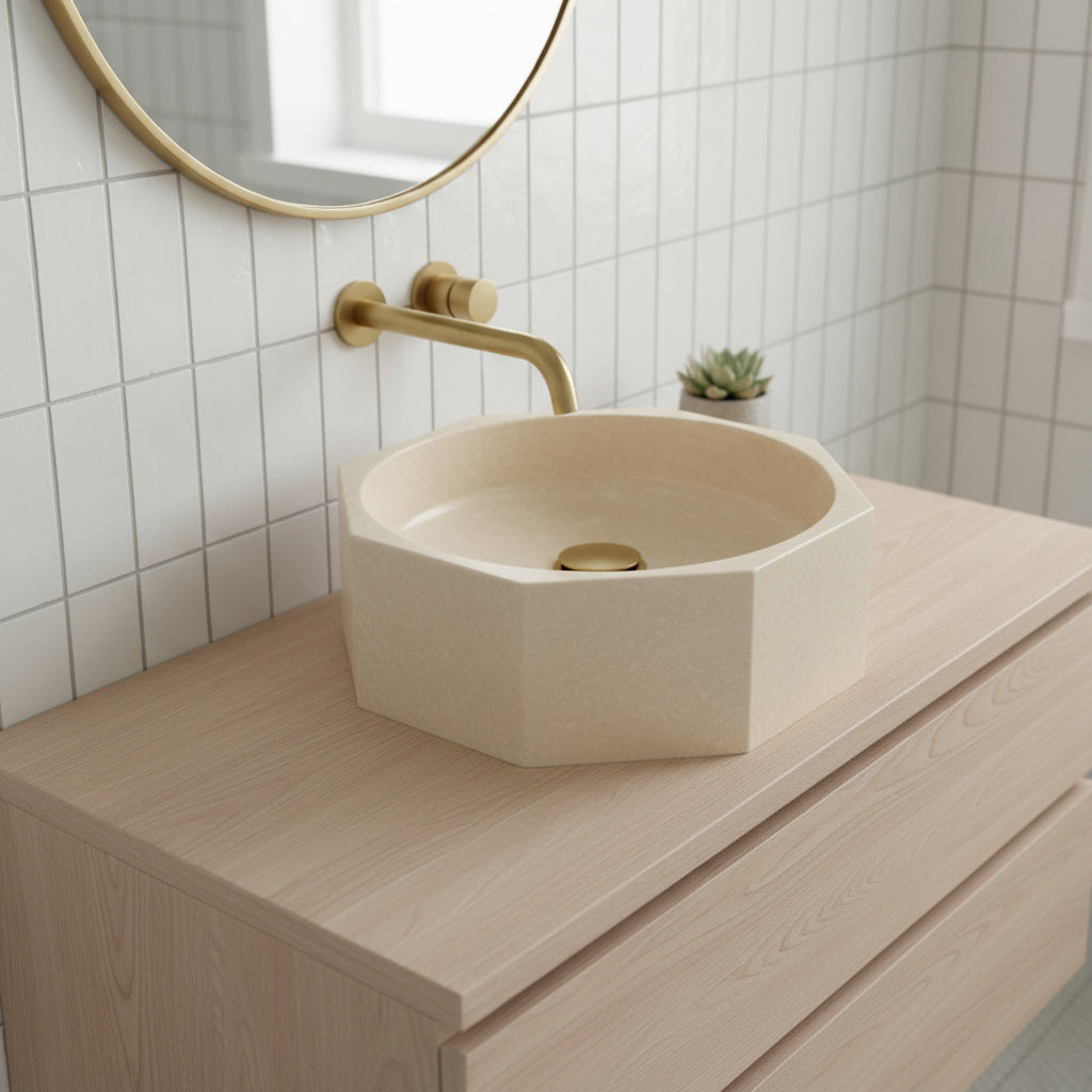 Calacatta Viola Mermer Sekizgen Lavabo – El Yapımı Banyo Lavabosu | 41×41×13 cm
