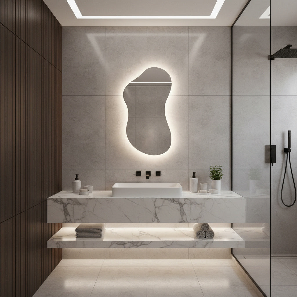 Asimetrik LED Ayna | Modern Dekoratif Duvar ve Banyo Aynası | Organik Form Işıklı Ayna Tasarımı