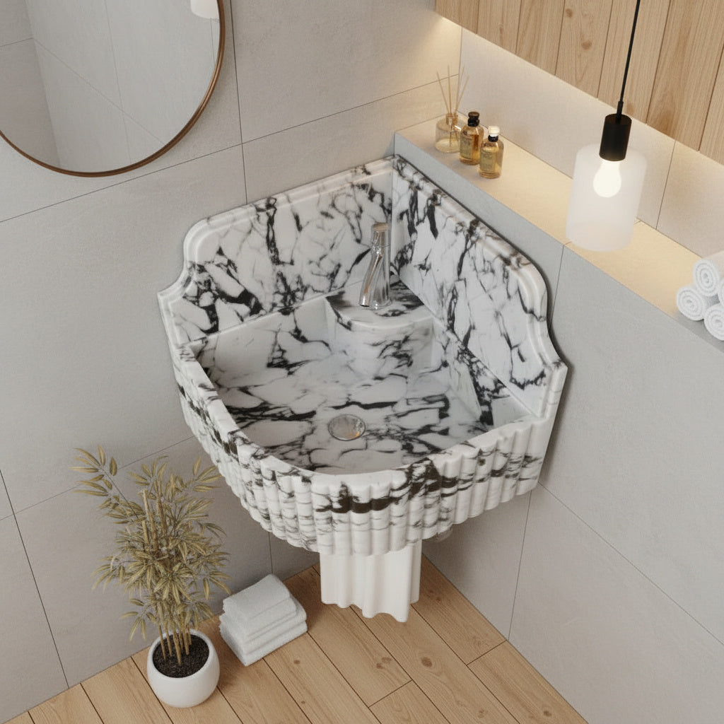 Calacatta Viola Mermer Duvar Tipi Köşe Lavabo – El Yapımı Lüks Köşe Mermeri Lavabo (41×41×20 cm)