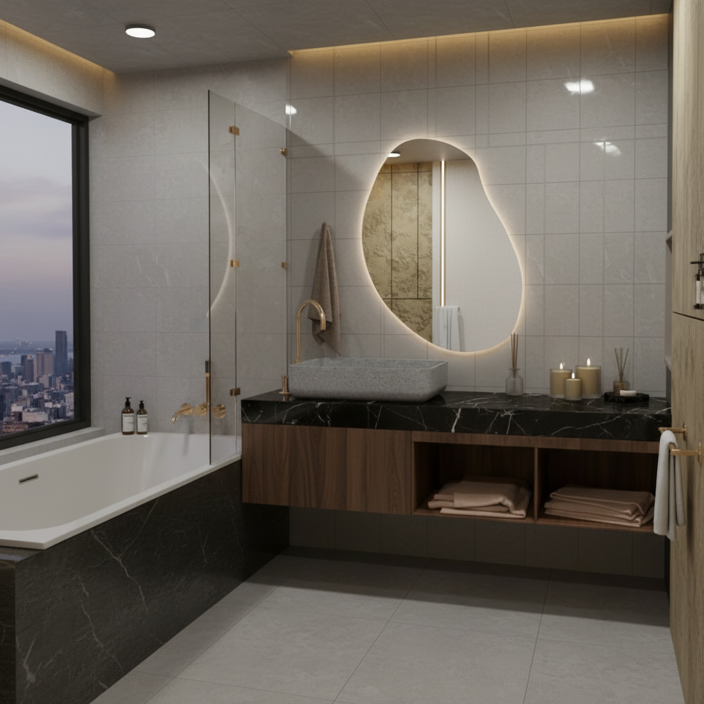 LED Işıklı Organik Banyo Aynası – Modern Asimetrik Tasarım, Arkadan Aydınlatmalı Dekoratif Ayna