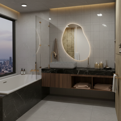 LED Işıklı Organik Banyo Aynası – Modern Asimetrik Tasarım, Arkadan Aydınlatmalı Dekoratif Ayna