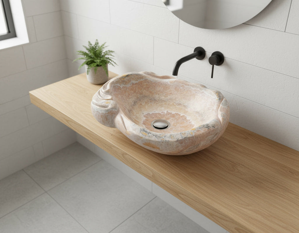 Rose Onyx Marble Lavabo – Doğal Rose Onyx Mermer Tezgâh Üstü Banyo Lavabosu (L 55 × W 50 × H 15 cm)