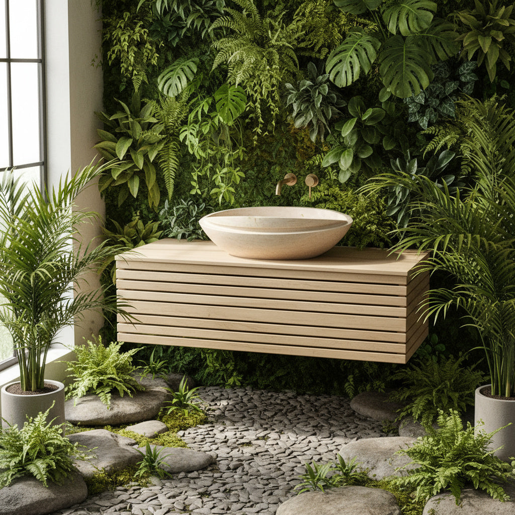 Beige Travertine Marble Lavabo – Doğal Bej Traverten Mermer Tezgâh Üstü Banyo Lavabosu (L 40 × W 40 × H 14 cm)