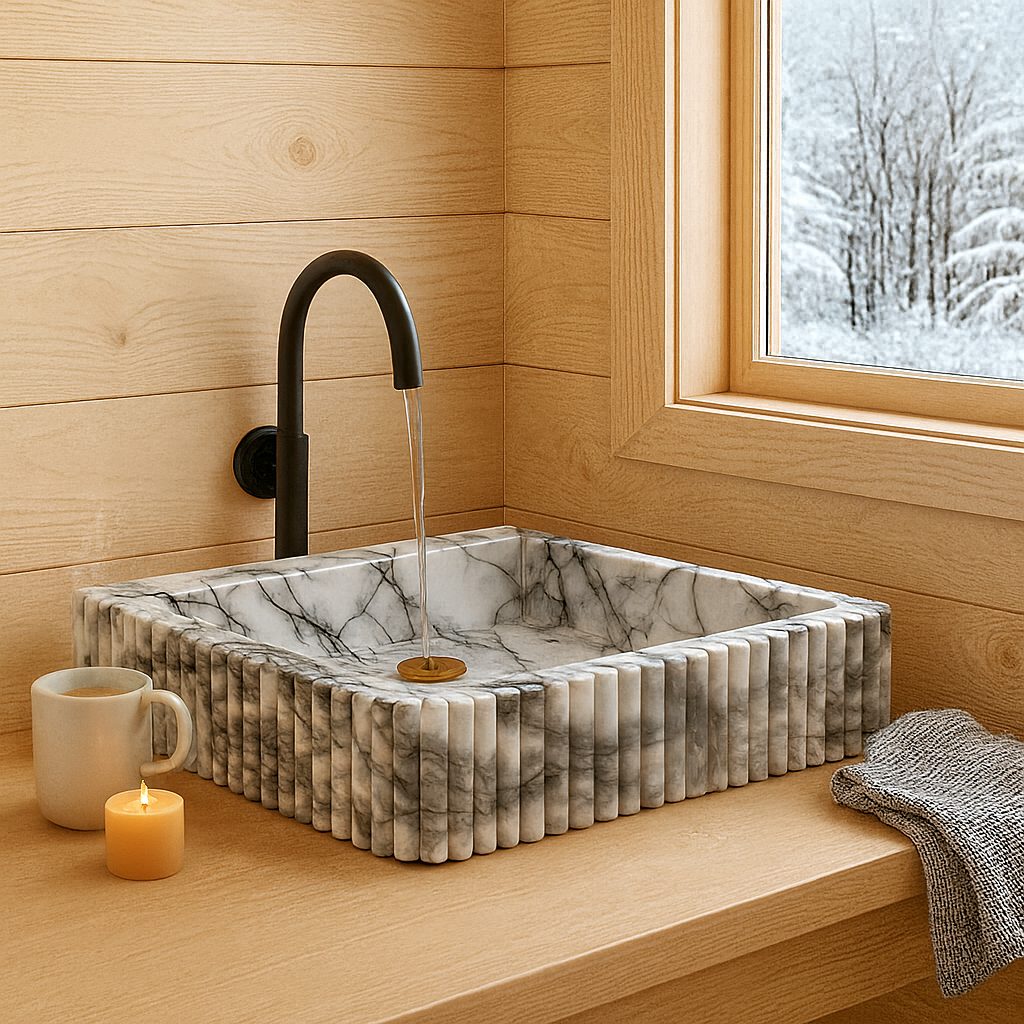 New York Mermer Duvara Monte Banyo Lavabosu – Dikdörtgen Fluted Tasarım | L61 × W36 × H15 cm