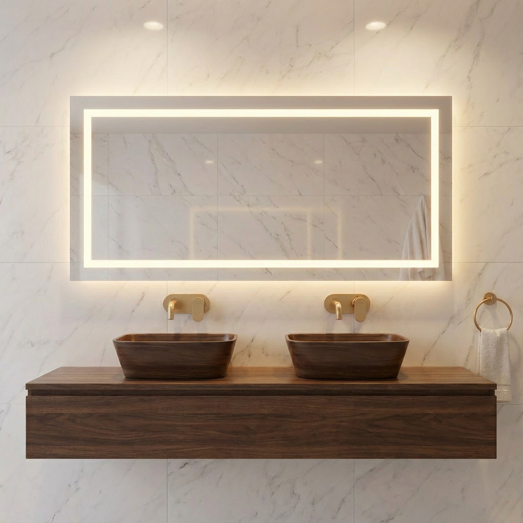 Büyük LED Işıklı Dikdörtgen Banyo Aynası – Modern Çerçevesiz Tasarım, Touch ve Duvar Anahtarlı