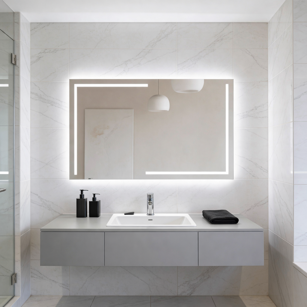Lüks Geometrik LED Işıklı Ayna – Minimalist Siyah ve Altın Işık Efektli Dikdörtgen Ayna
