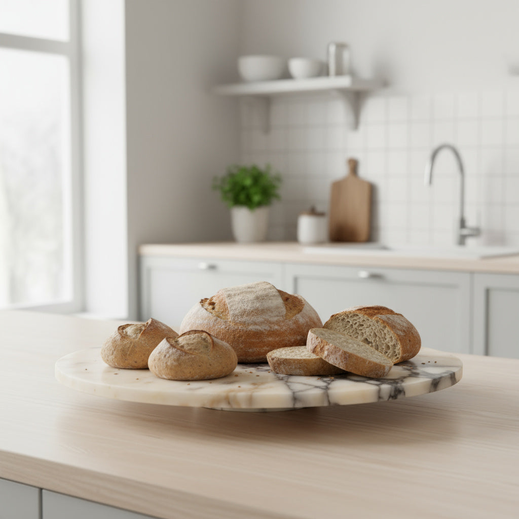 Lüks Mermer Pasta ve Ekmek Sunum Tepsisi – El Oyması Doğal Taş