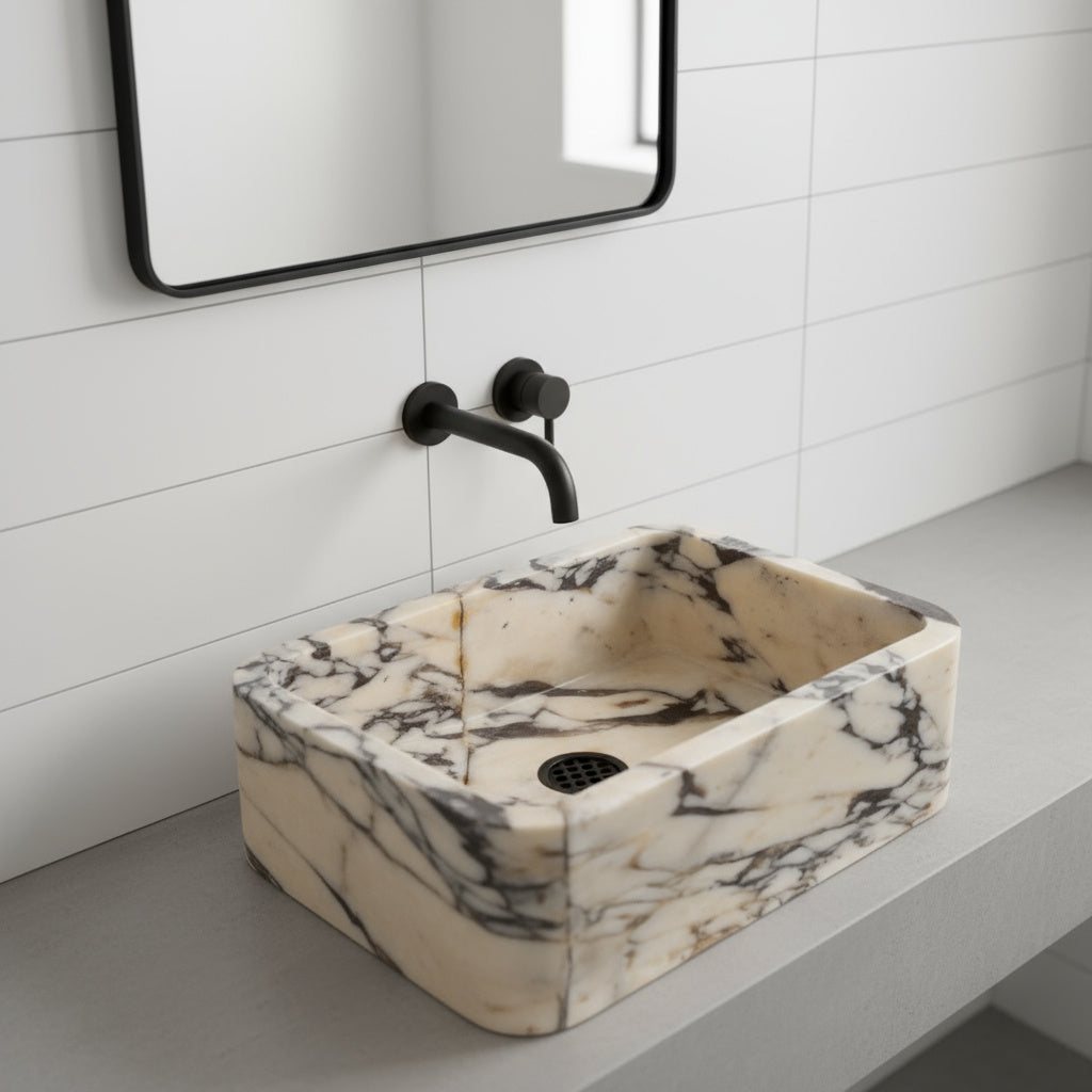 Calacatta Viola Mermer Lavabo – El Yapımı Dikdörtgen Banyo Lavabosu | L45 × W30 × H15 cm