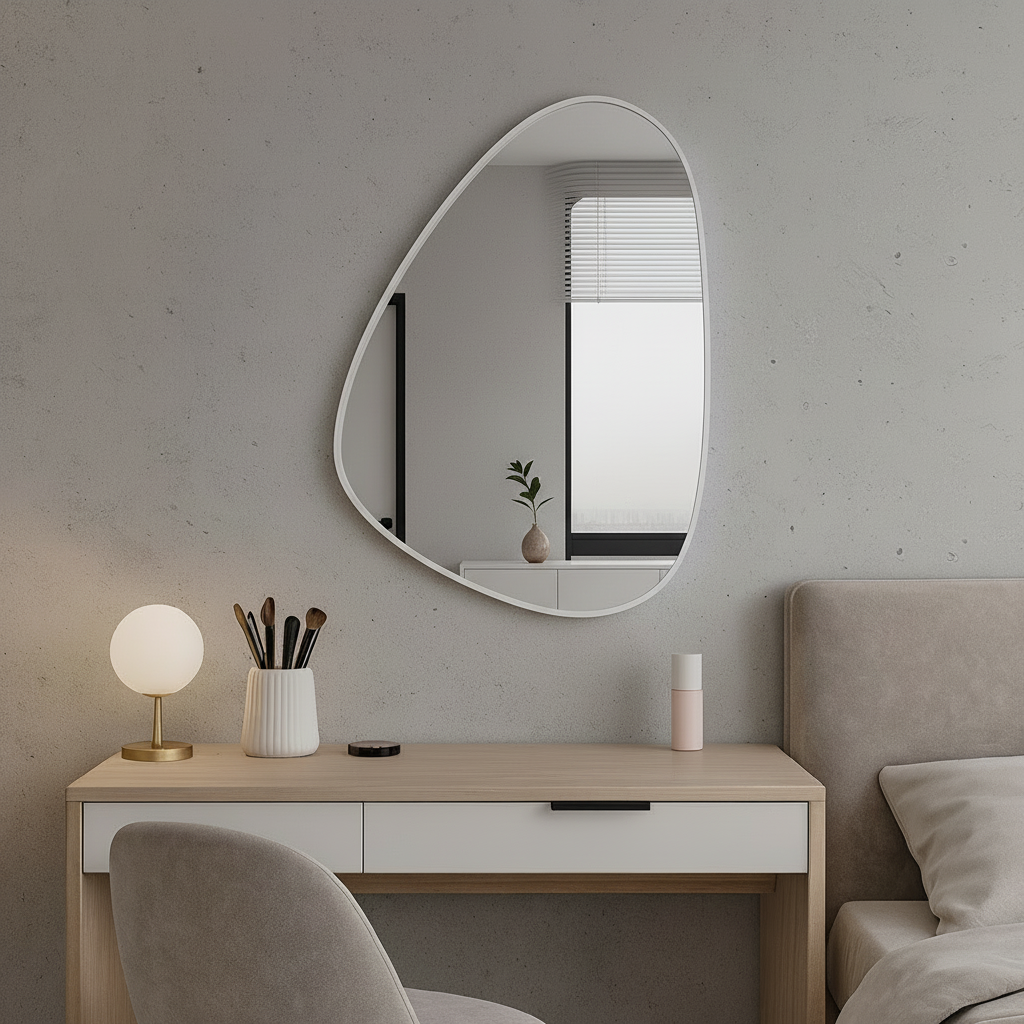 Modern Organik Şekilli Çerçeveli Düzensiz Banyo Aynası – Dekoratif Asimetrik Duvar Aynası