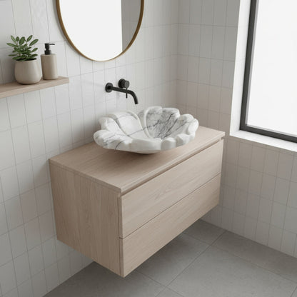 White Marble Lavabo – Doğal Panda White Mermer Tezgâh Üstü Banyo Lavabosu (L 57 × W 50 × H 14 cm)