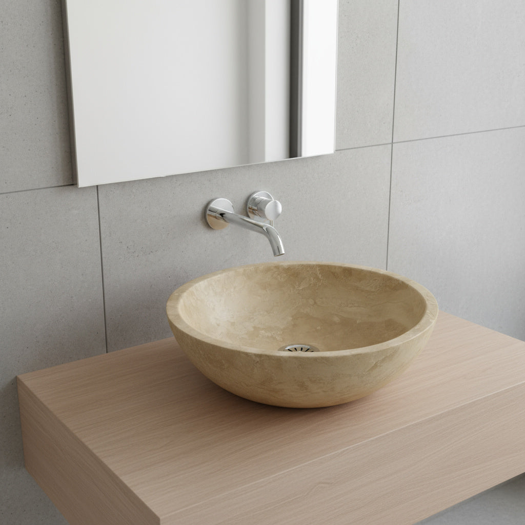 Light Travertine Mermer Lavabo – Doğal Traverten Taş Banyo Lavabosu | 40,5 × 40,5 × 10 cm