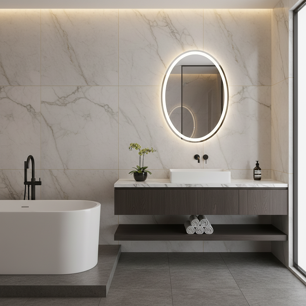 Modern Oval LED Aydınlatmalı Ayna – Minimalist Işıklı Duvar Aynası