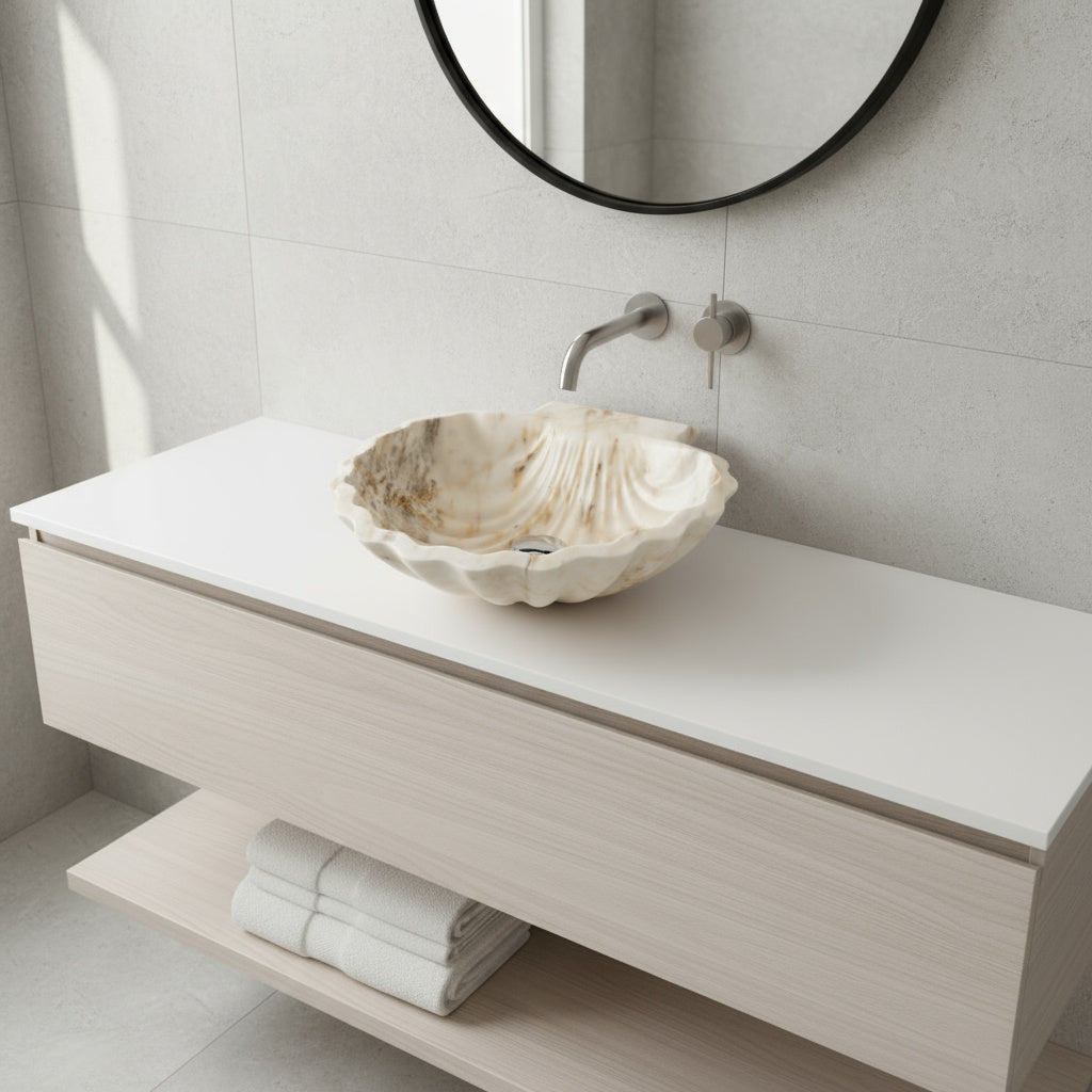 Honey Onyx Marble Lavabo – Doğal Honey Onyx Mermer Tezgâh Üstü Banyo Lavabosu (L 45 × W 45 × H 15 cm)