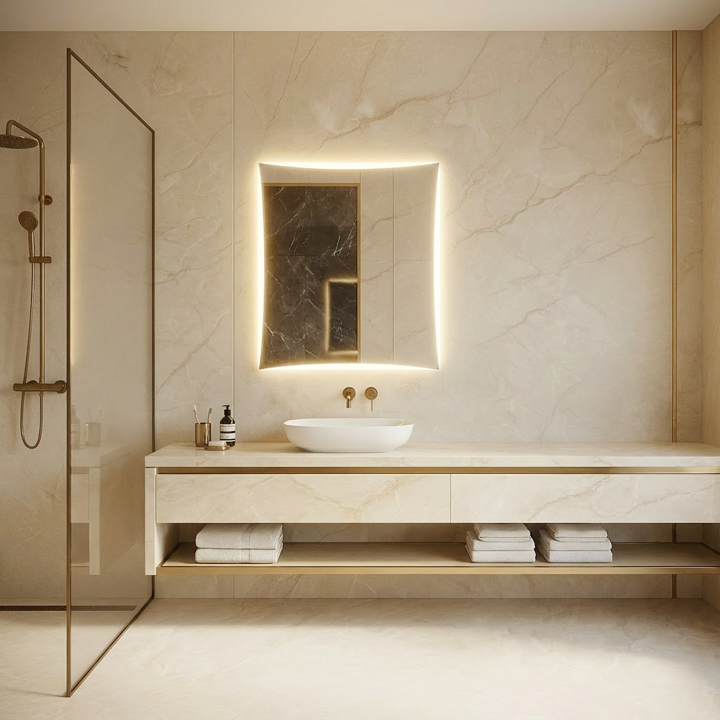 Lüks Kavisli LED Ayna – Modern Işıklı Duvar Aynası | Sıcak Işıklı Dekoratif Tasarım