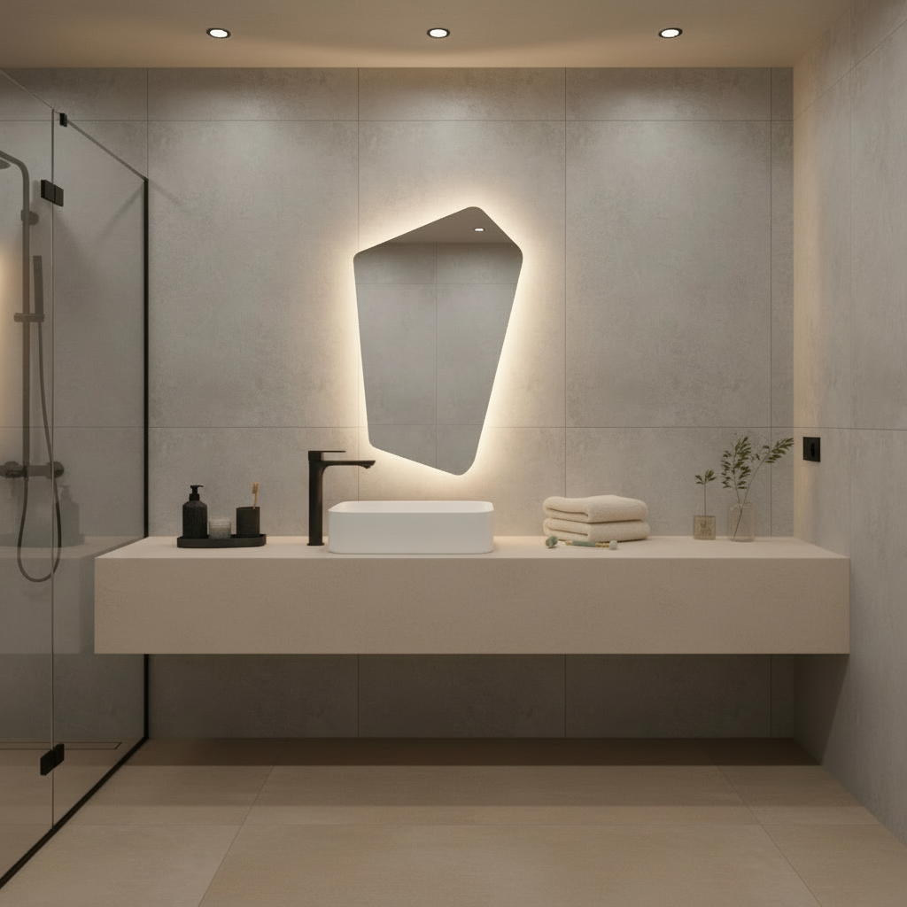 Asimetrik LED Işıklı Ayna – Minimal ve Şık Düzensiz Form Banyo Duvar Aynası