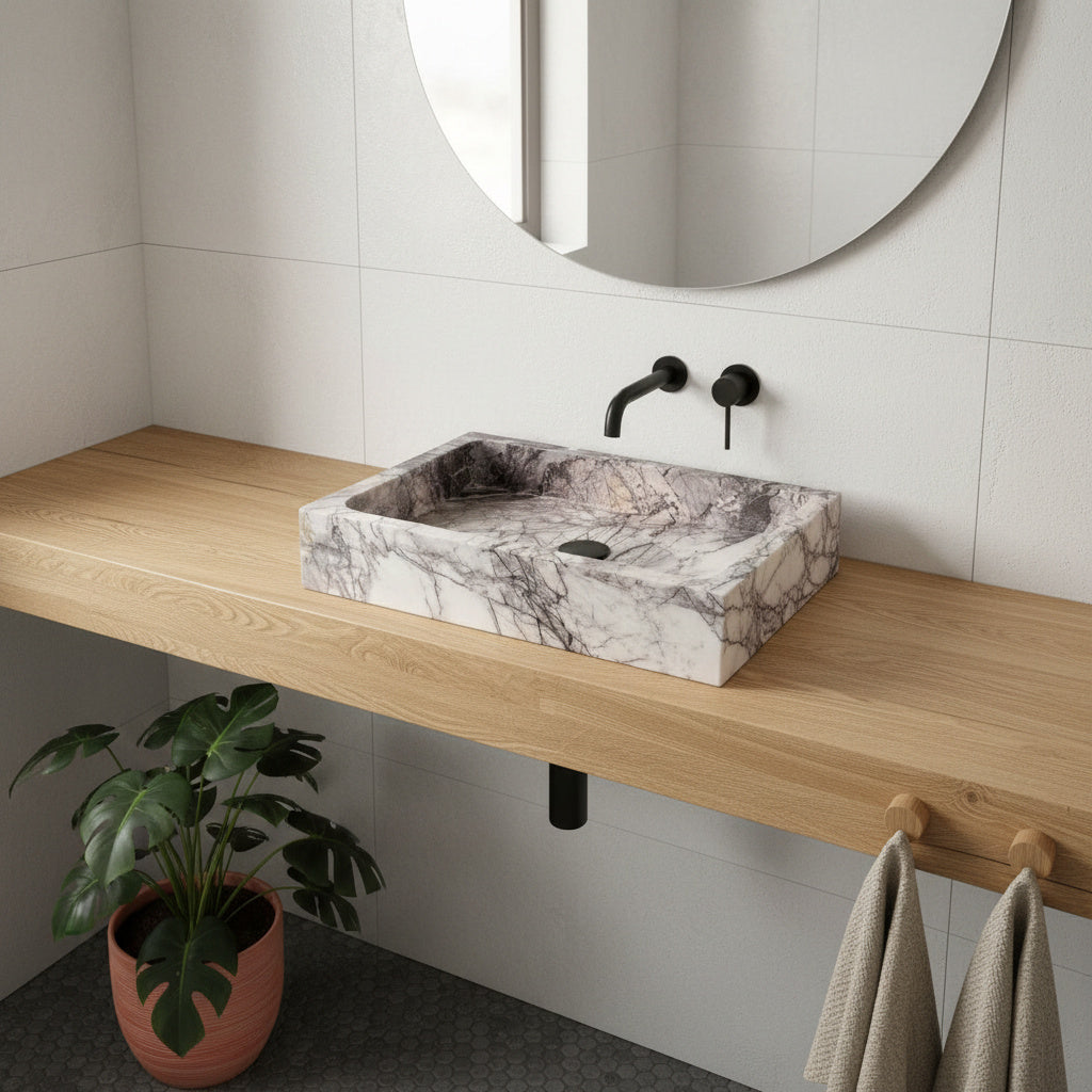 Lilac Mermer Dikdörtgen Lavabo – El Yapımı Doğal Taş Banyo Lavabosu (60×40×12 cm)