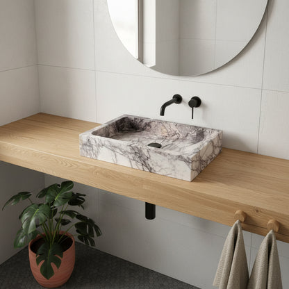 Lilac Mermer Dikdörtgen Lavabo – El Yapımı Doğal Taş Banyo Lavabosu (60×40×12 cm)