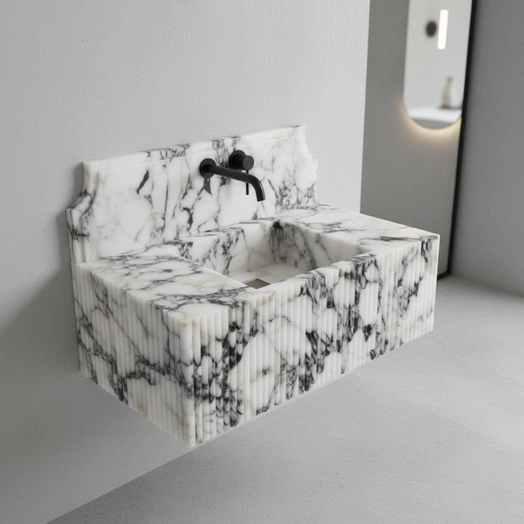 Calacatta Viola Mermer Çift Lavabolu Özel Tasarım Banyo Lavabosu – Fluted (Yivli) Blok Mermer Tezgâh Üstü Modeli – L90 × W50 × H30,5 cm