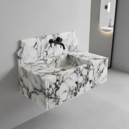 Calacatta Viola Mermer Çift Lavabolu Özel Tasarım Banyo Lavabosu – Fluted (Yivli) Blok Mermer Tezgâh Üstü Modeli – L90 × W50 × H30,5 cm