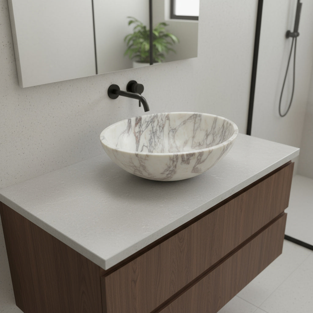 Calacatta Viola Mermer Lavabo – L36 × W46 × H13 cm | El Yapımı Doğal Mermer Banyo Lavabosu