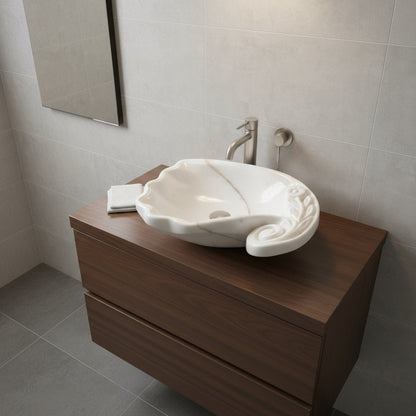 White Marble Lavabo – Doğal Beyaz Mermer Tezgâh Üstü Banyo Lavabosu (L 60 × W 40 × H 15 cm)
