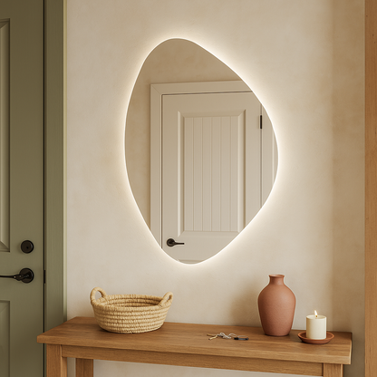 LED Işıklı Asimetrik Ayna – Modern Dekoratif Duvar Aynası, Arkadan Aydınlatmalı Banyo & Salon Aynası