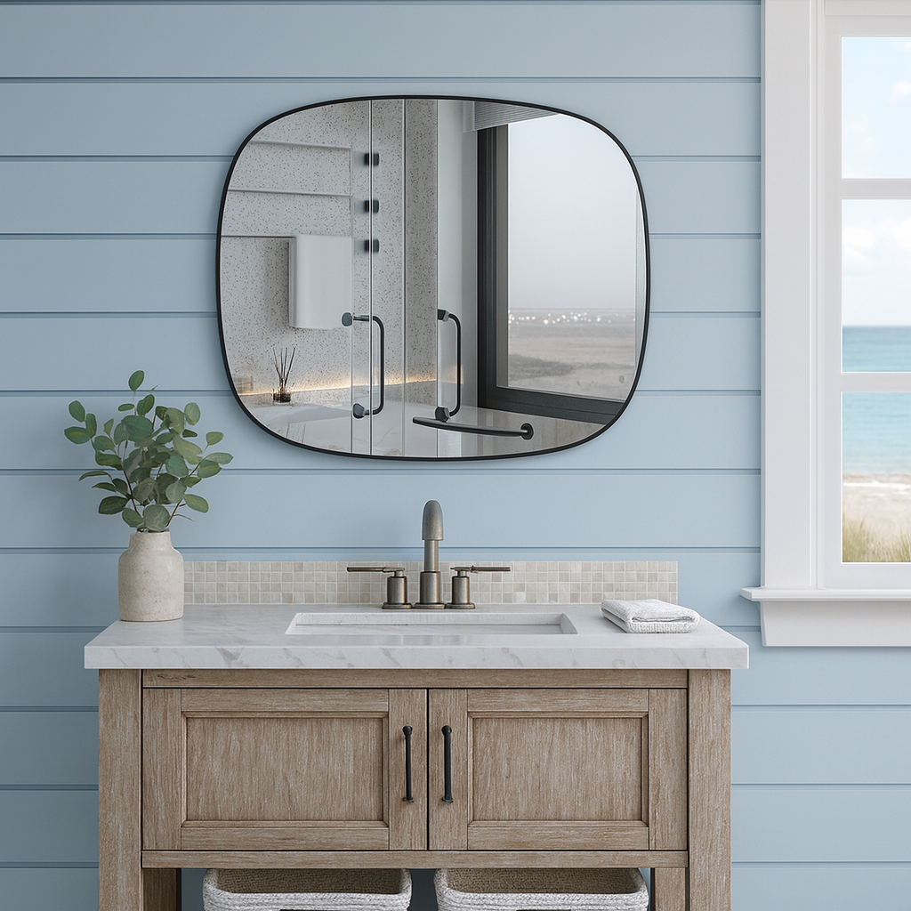 Modern Minimalist Kare Oval Duvar Aynası – Siyah Çerçeveli Banyo ve Salon Dekor Aynası