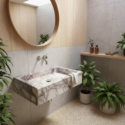 Lilac Mermer Dikdörtgen Lavabo – El Yapımı Doğal Taş Banyo Lavabosu (60×40×12 cm)