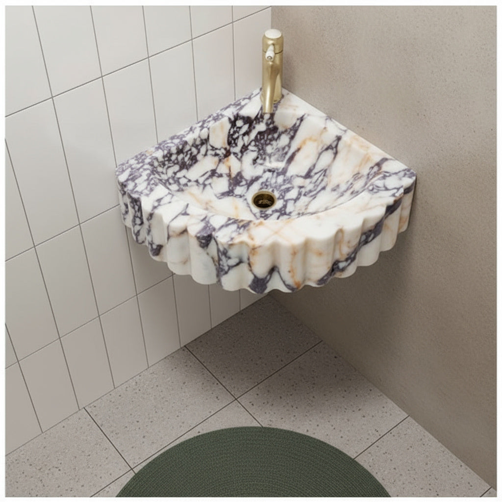 Calacatta Viola Mermer Duvar Tipi Köşe Lavabo – El Yapımı Lüks Banyo Lavabosu (51×51×18 cm)