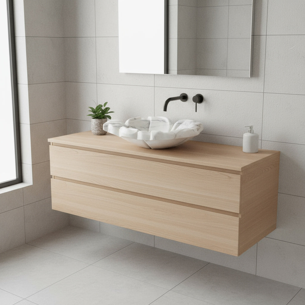 White Marble Lavabo – Doğal Panda White Mermer Tezgâh Üstü Banyo Lavabosu (L 57 × W 50 × H 14 cm)