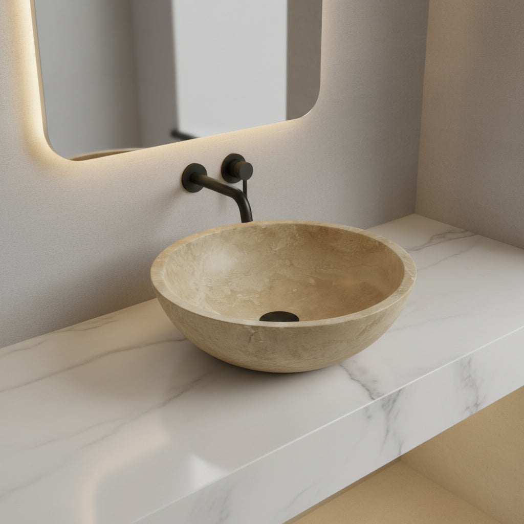 Light Travertine Mermer Lavabo – Doğal Traverten Taş Banyo Lavabosu | 40,5 × 40,5 × 10 cm