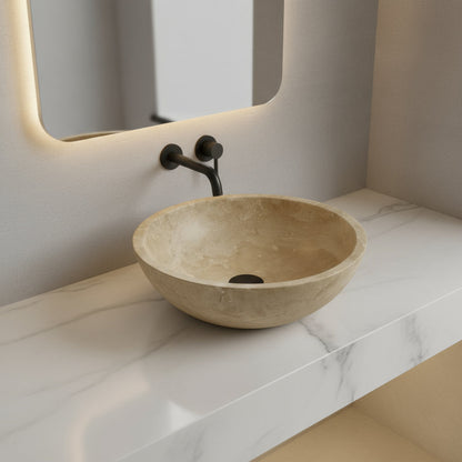 Light Travertine Mermer Lavabo – Doğal Traverten Taş Banyo Lavabosu | 40,5 × 40,5 × 10 cm