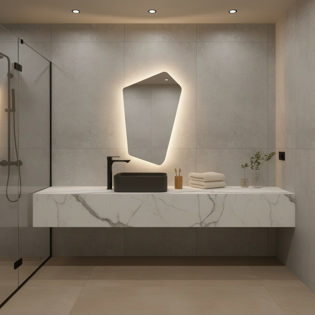 Asimetrik LED Işıklı Ayna – Minimal ve Şık Düzensiz Form Banyo Duvar Aynası